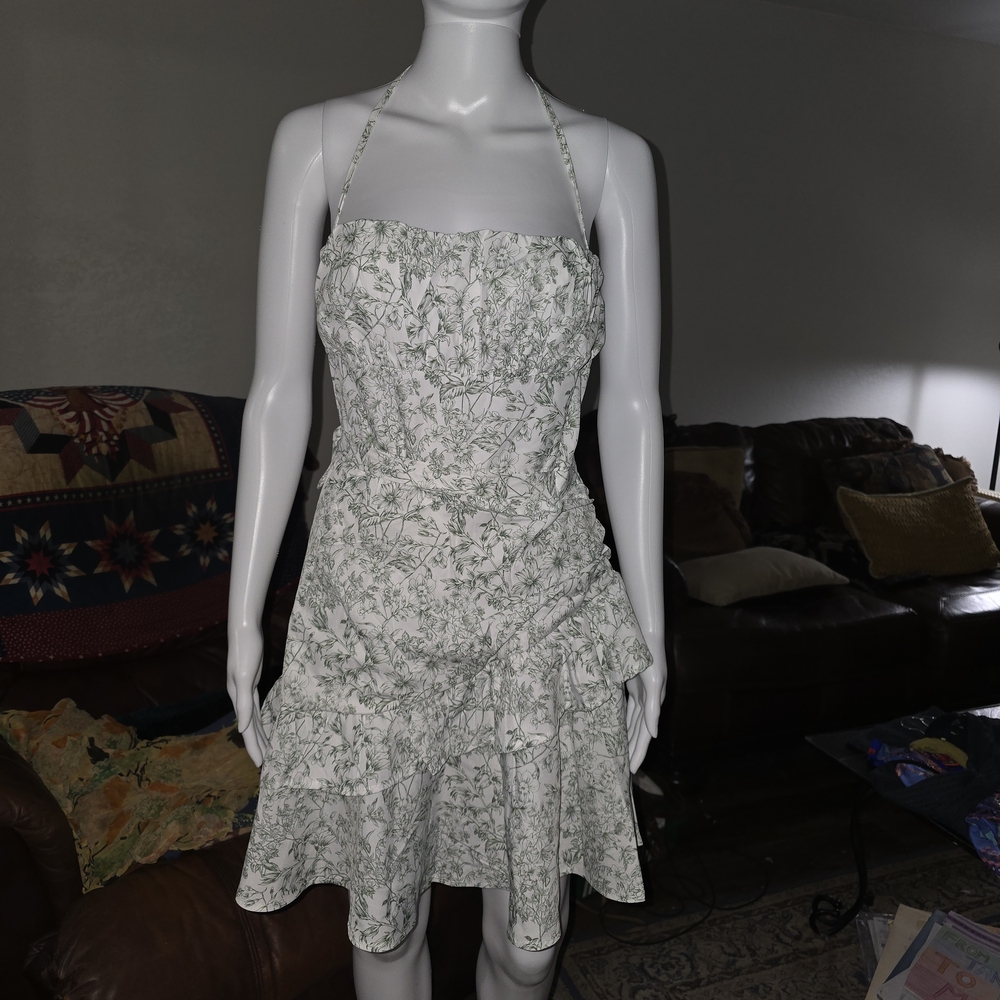 SHEIN White Dress with Green Botanical Print and Ruffle Hem